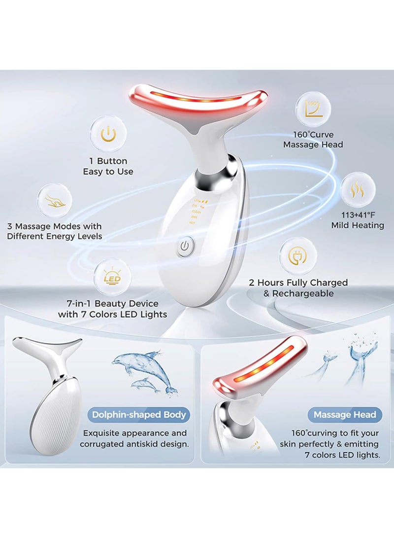 Rock Pow Neck Face Massager Face Sculpting Tool Electric Facial Neck Eye Lift Massage Kit with 7 Color for Skin Beauty Improve Firm Tightening Facial Massager for Double Chin White  - Image 4