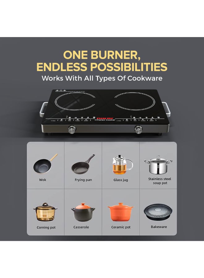 Double Burner Infrared Cooker with Touch Control, Overheat Protection, LED Display, 6 Preset Cooking Options, Timer, 2000W - NIC303A NIC303A Silver