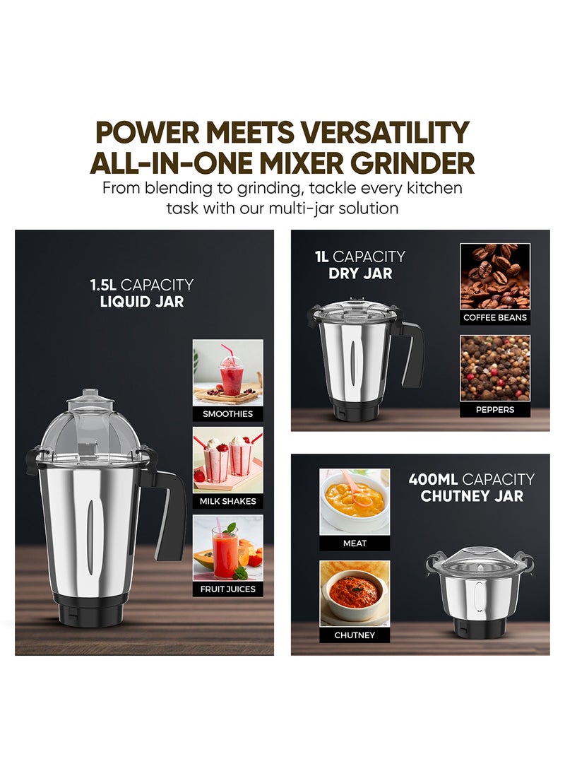 نيكاي خلاط نيكاي 3 في 1 - محرك قوي 900 واط، 1.5 لتر، 1 لتر و400 مل من الجرار الفولاذية، 3 سرعات مع نبض، هيكل ABS متين، صنع في الهند - NB984A - Image 3