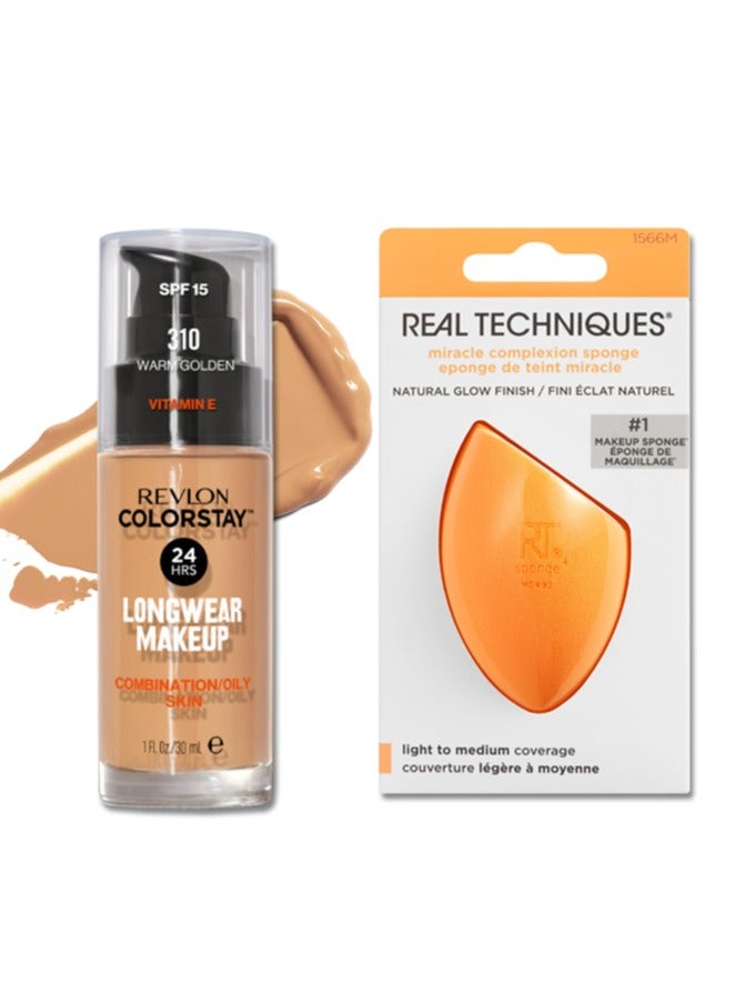 Revlon ColorStay™ Longwear Makeup for Combination/Oily Skin, SPF 15 and Real Techniques Makeup Sponge Bundle, Includes 1 Foundation in Warm Golden 310 and 1 Miracle Complexion Makeup Sponges Warm Golden 310  - Image 1