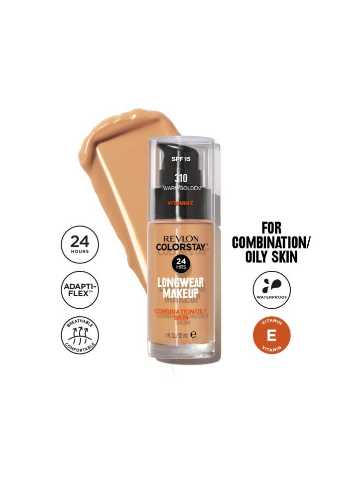 Revlon ColorStay™ Longwear Makeup for Combination/Oily Skin, SPF 15 and Real Techniques Makeup Sponge Bundle, Includes 1 Foundation in Warm Golden 310 and 1 Miracle Complexion Makeup Sponges Warm Golden 310  - Image 2