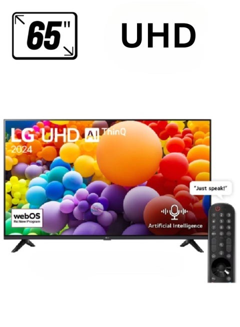 تلفزيون ذكي LG 65 بوصة 4K LED WebOS24 HDR 10 HLG AI Sound Pro AI Sound Pro (Virtual 9.1.2 Up-mix) مع جهاز تحكم عن بعد سحري سلسلة UT73 65UT73006LA ضمان لمدة عامين (موديل 2024 - إصدار المملكة العربية السعودية)