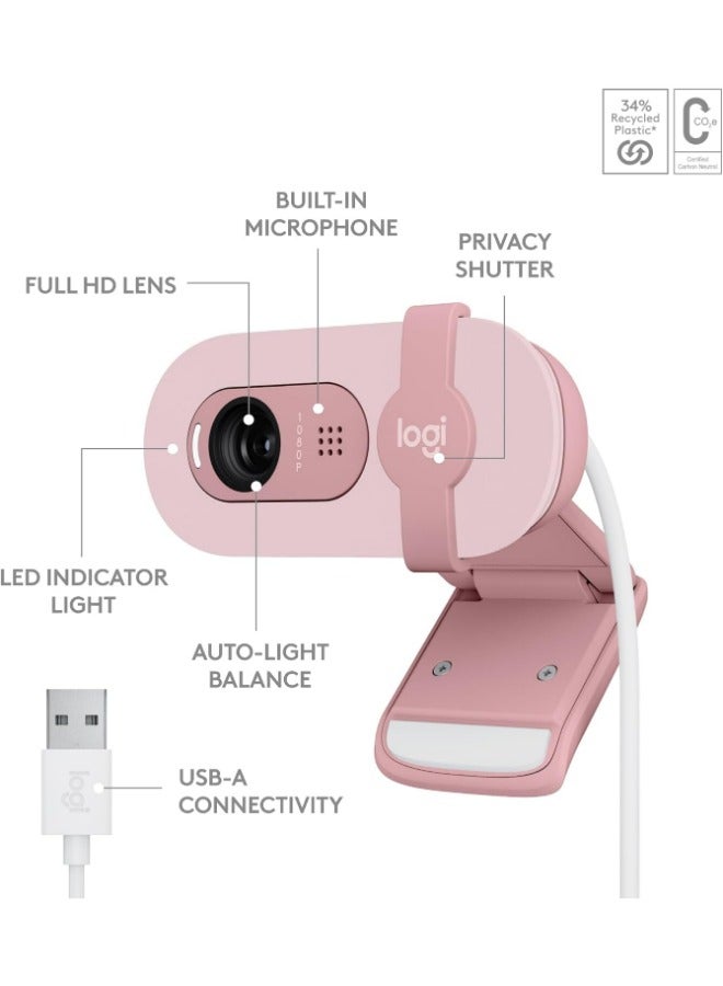 Brio 100 Full HD Webcam for Meetings and Streaming, Auto-Light Balance, Integrated Privacy Shutter, Built-In Mic, USB-A, For Microsoft Teams, Google Meet, Zoom & More Rose