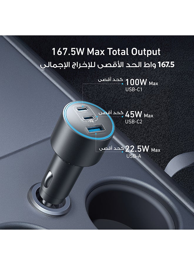 آنكر Car Charger, 167.5W Max 3-Port Car Charger Adapter, USB-C Car Adapter for MacBook Pro/Air, iPhone 16/15/14 Series, Samsung S24/S23, iPad, Huawei, Xiaomi, Vivo, Oppo(USB-C to C Cable Included) Black  - Image 2