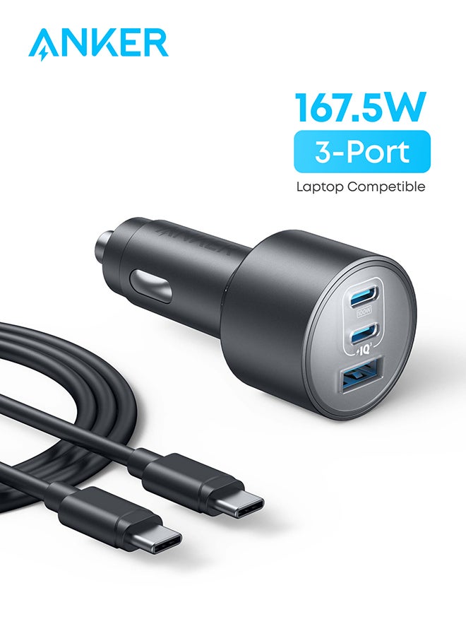 آنكر Car Charger, 167.5W Max 3-Port Car Charger Adapter, USB-C Car Adapter for MacBook Pro/Air, iPhone 16/15/14 Series, Samsung S24/S23, iPad, Huawei, Xiaomi, Vivo, Oppo(USB-C to C Cable Included) Black  - Image 1