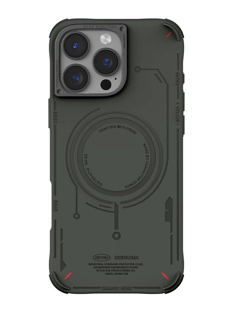 Skinarma Mecha Series With Maching Sturdy Aluminium Side Buttons Mag-Charge Designed With Secure Magnetic Alignment All-Round Protect Reinforced Corner Bumpers compatible with iPhone 16 Pro Max - Olive Green  - Image 1