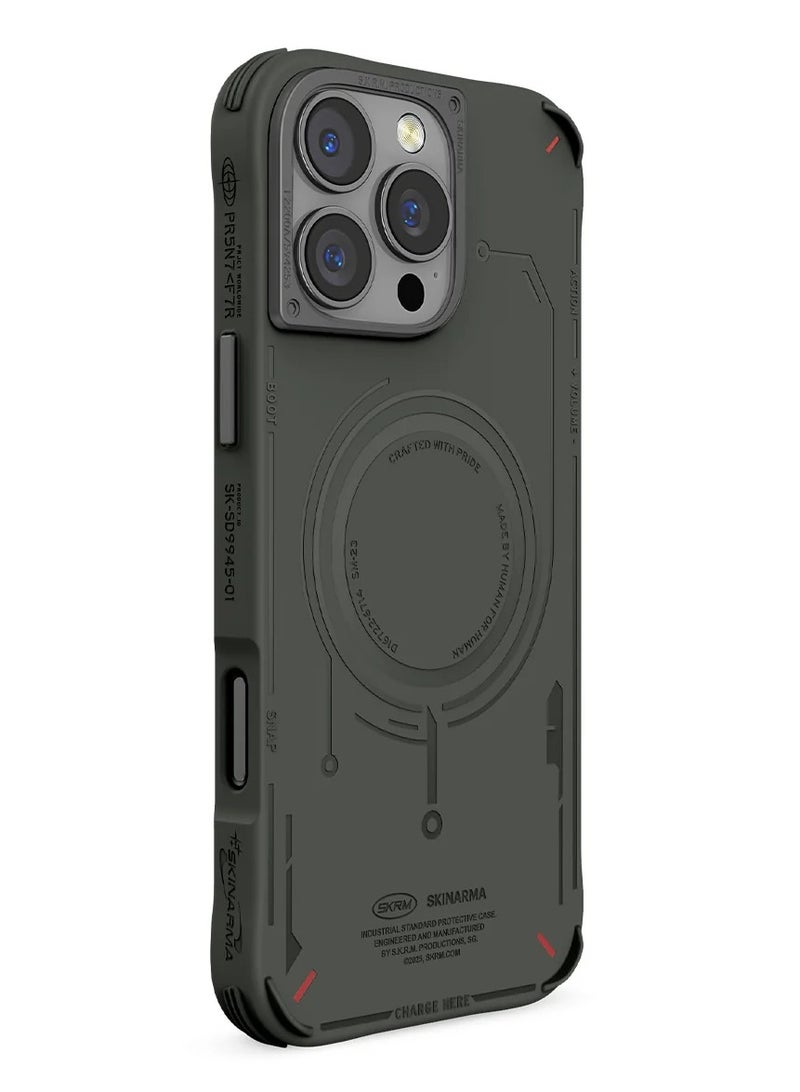 Skinarma Mecha Series With Maching Sturdy Aluminium Side Buttons Mag-Charge Designed With Secure Magnetic Alignment All-Round Protect Reinforced Corner Bumpers compatible with iPhone 16 Pro Max - Olive Green  - Image 3