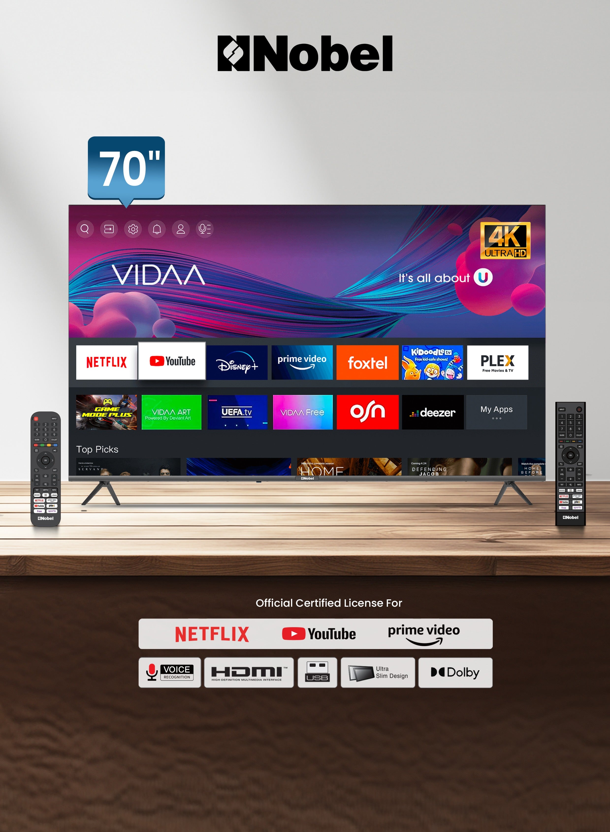 نوبل 70 Inch Smart TV, 4K Ultra UHD, DLED DVBT2-S2, Dual Remote Control, HDR, Dolby Audio, Smart Voice Control, YouTube, Netflix, Amazon Prime, Energy Efficient, 138W UHD70VIDS Black 