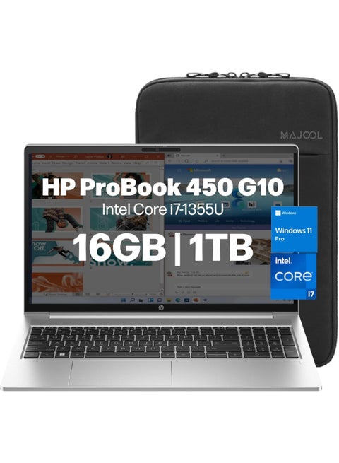 ProBook 450 G10 Laptop With 15.6-Inch Display, Intel Core i7-1355U Processor/16GB RAM/1TB SSD/Intel Iris XE Graphics/Windows 11 Pro + Bag English Silver