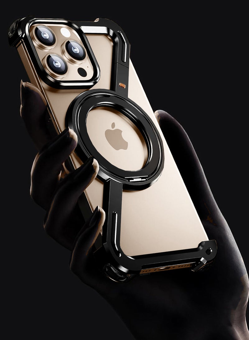 MARGOUN (for iPhone 16 Pro Max) 2 Pack Case and Screen Protector 360° Rotation, Aluminum and Metal Stand, Frameless, Shock Grade Protective Case Black - Image 3