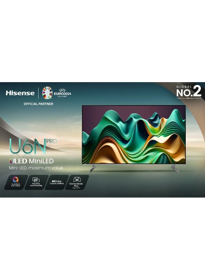 هايسنس - Hisense 75 Inch 4K Miniled, QLed, Smart TV Black, Full local dimming zones ,  2*HDMI type 4K@60Hz with HDCP version 2.2 , eARc* HDMI*1, Smart TV,  HDR10+, Dolby Vision,Dolby Vision ATMOS, 75U6N PRO Black - Image 1
