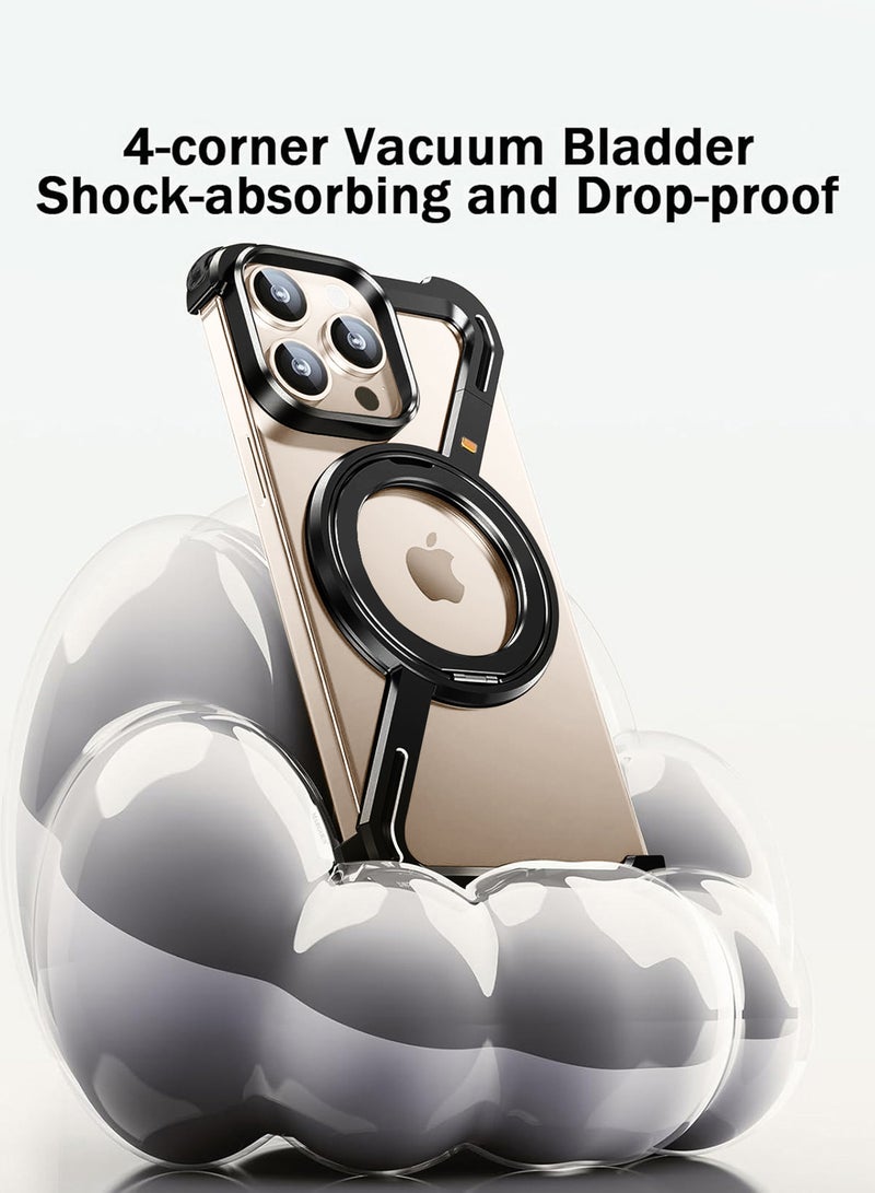 MARGOUN (for iPhone 16 Pro Max) Case 360° Rotation, Aluminum and Metal Stand, Frameless, Shock Grade Protective Case Black - Image 4
