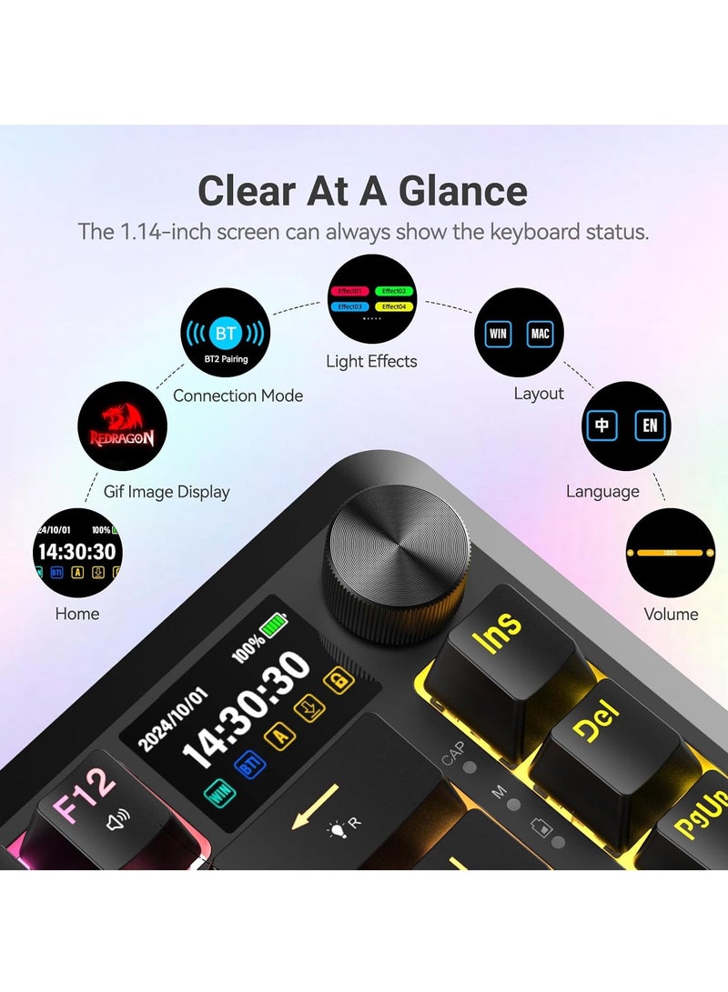 REDRAGON - K708 Mechanical Keyboard , Tri-Modes Gaming Keyboard BT/2.4G/USB-C, Macro Programmable Mechanical Gaming Keyboard,LCD Screen, RGB Backlit, Pre-Lubed Leopard L Switch, 4000mAh Longer Standb - Image 1