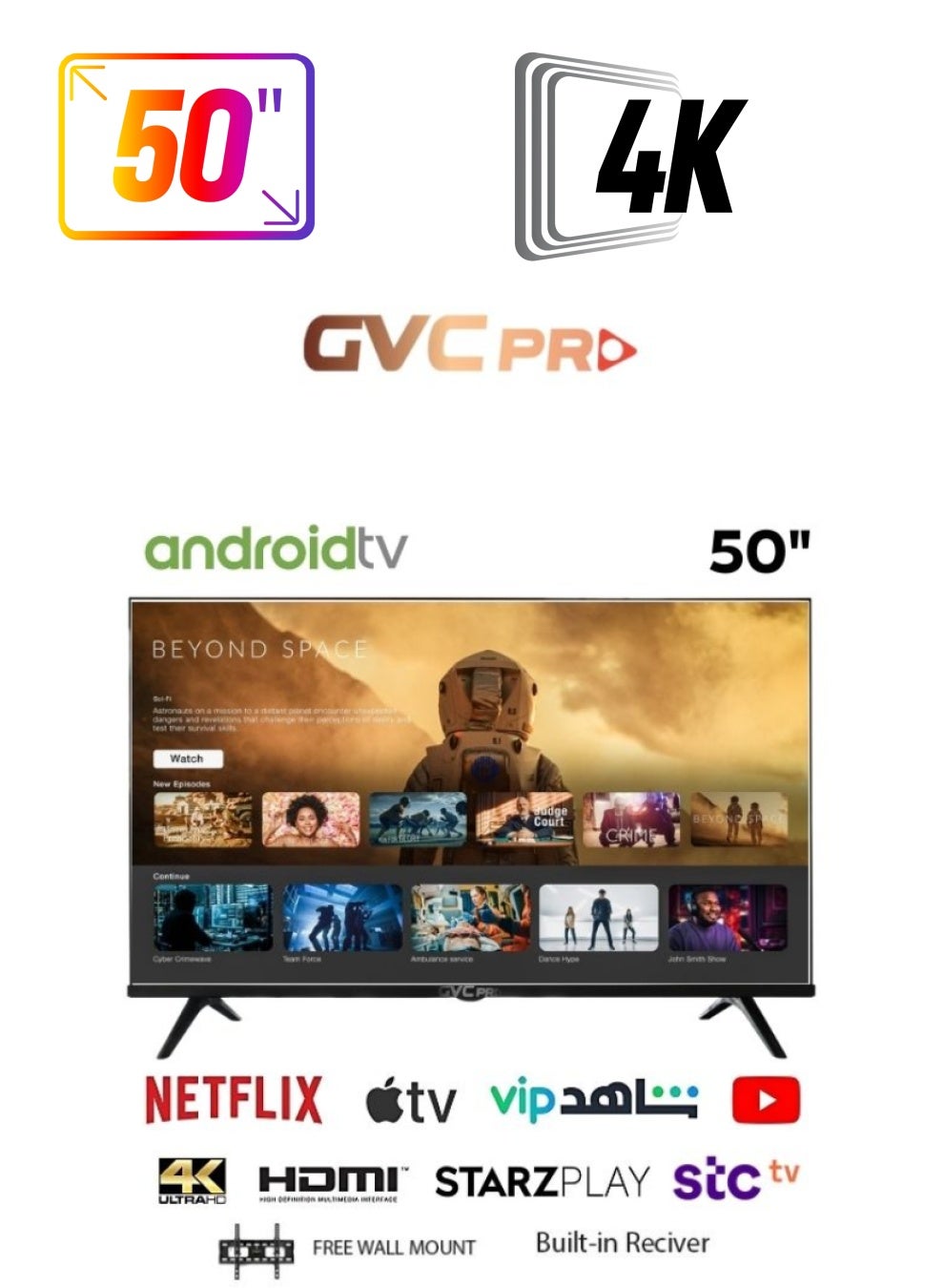 gvc pro 50 Inch Android Smart TV with Free wall Mount and Smart Remote Control, HD Screen Resolution, HDMI & USB Port, Wi-Fi Connectivity and Built in Receiver - GVC-50TUS7100 Black 