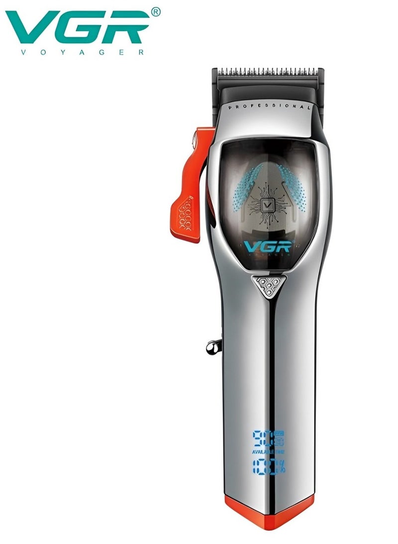 VGR - V-647  Professional cordless rechargeable hair trimmer for men, featuring DLC ​​coating blade and 2500mAh lithium battery. It includes a tapered arm for multiple cutting capabilities and comes with a USB charging option. - Image 1