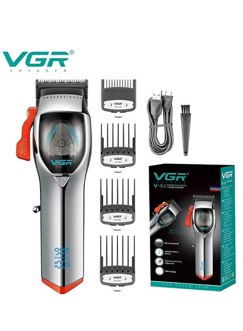 V-647  Professional cordless rechargeable hair trimmer for men, featuring DLC ​​coating blade and 2500mAh lithium battery. It includes a tapered arm for multiple cutting capabilities and comes with a USB charging option.