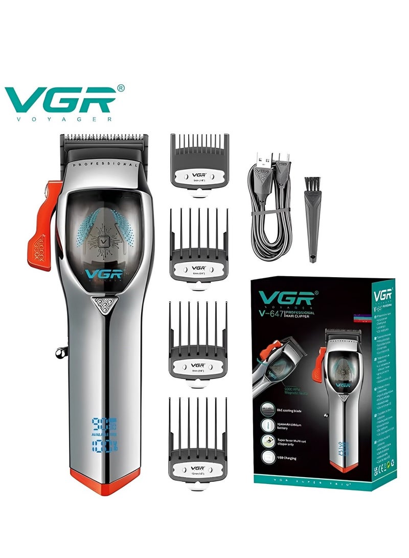 VGR - V-647  Professional cordless rechargeable hair trimmer for men, featuring DLC ​​coating blade and 2500mAh lithium battery. It includes a tapered arm for multiple cutting capabilities and comes with a USB charging option. - Image 1