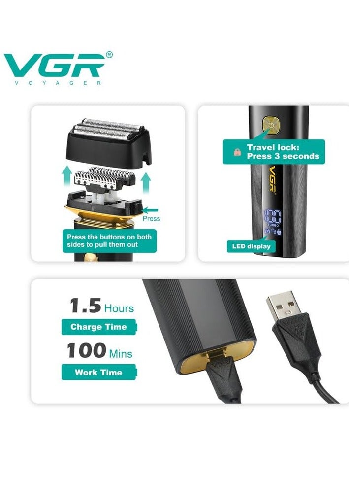 VGR V-355 Premium Cordless Rechargeable IPX6 Fully Waterproof 3 Razor Electric Shaver Wet & Dry Shaver for Face Care Beard Trimmer Super-Fast Charge 100 minutes Runtime with LED Digital Display  - Image 3