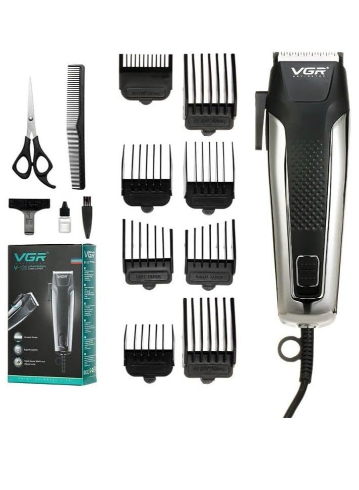 VGR V-120 Professional Hair Clipper with Self Sharpening Blades, 8 Guide Combs, Scissors, Comb, Taper Lever Adjustments for close cut trimming for men, Corded (Black) - Image 1