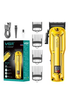 V-138 Premium Metal Housing Hair Clipper 10000H+ Brushless motor (BLDC) Digital Display DLC coating Blade 2500 mAh battery USB charging 4 adjustable Taper Lever 4 Guide comb Runtime 180 min Gold