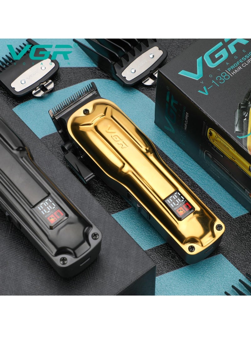 VGR - V-138 Premium Metal Housing Hair Clipper 10000H+ Brushless motor (BLDC) Digital Display DLC coating Blade 2500 mAh battery USB charging 4 adjustable Taper Lever 4 Guide comb Runtime 180 min Gold - Image 1