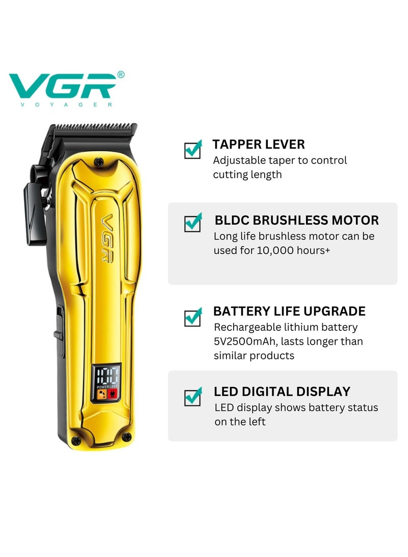 VGR - V-138 Premium Metal Housing Hair Clipper 10000H+ Brushless motor (BLDC) Digital Display DLC coating Blade 2500 mAh battery USB charging 4 adjustable Taper Lever 4 Guide comb Runtime 180 min Gold - Image 1