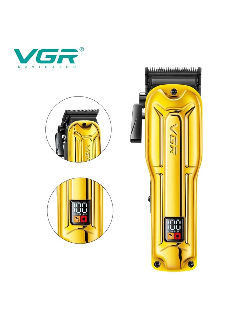 VGR - V-138 Premium Metal Housing Hair Clipper 10000H+ Brushless motor (BLDC) Digital Display DLC coating Blade 2500 mAh battery USB charging 4 adjustable Taper Lever 4 Guide comb Runtime 180 min Gold - Image 1