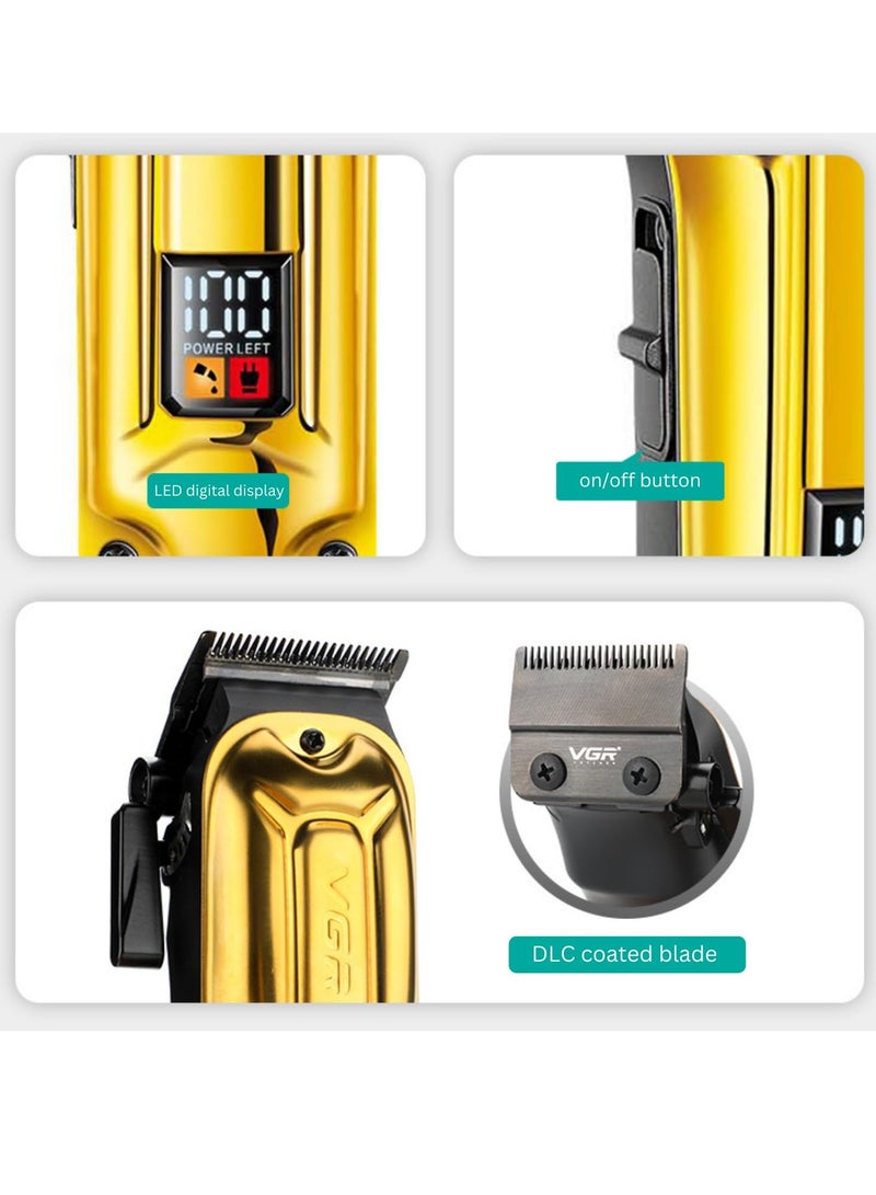 VGR - V-138 Premium Metal Housing Hair Clipper 10000H+ Brushless motor (BLDC) Digital Display DLC coating Blade 2500 mAh battery USB charging 4 adjustable Taper Lever 4 Guide comb Runtime 180 min Gold - Image 1