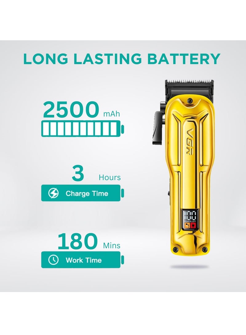 VGR - V-138 Premium Metal Housing Hair Clipper 10000H+ Brushless motor (BLDC) Digital Display DLC coating Blade 2500 mAh battery USB charging 4 adjustable Taper Lever 4 Guide comb Runtime 180 min Gold - Image 1