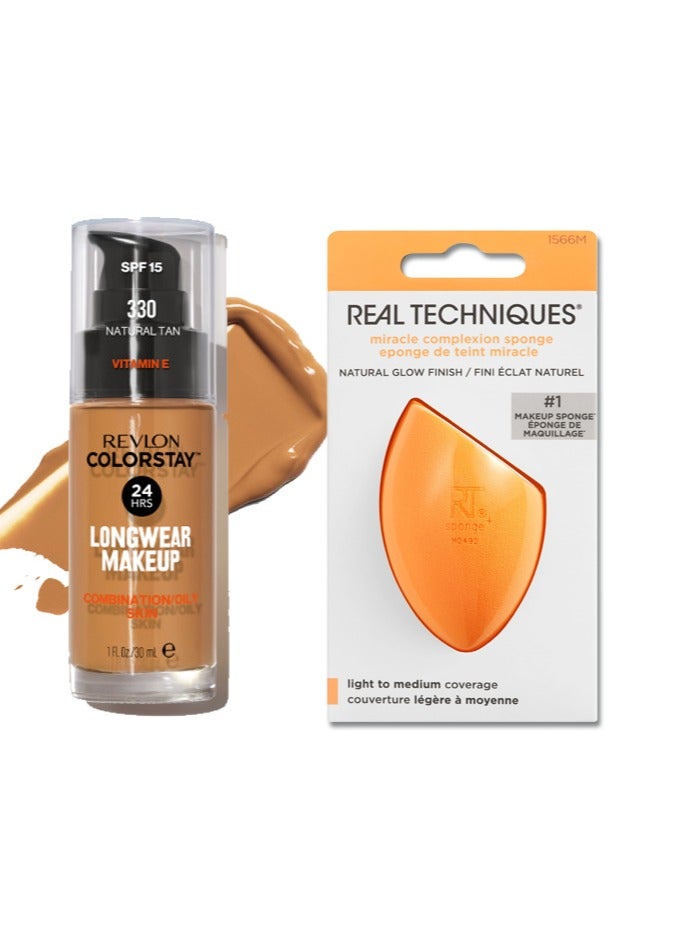 Revlon Colorstay Longwear Makeup For Combination/Oily Skin, Spf 15 And Real Techniques Makeup Sponge Bundle, Includes 1 Foundation In And 1 Miracle Complexion Makeup Sponges Natural Tan 330  - Image 1