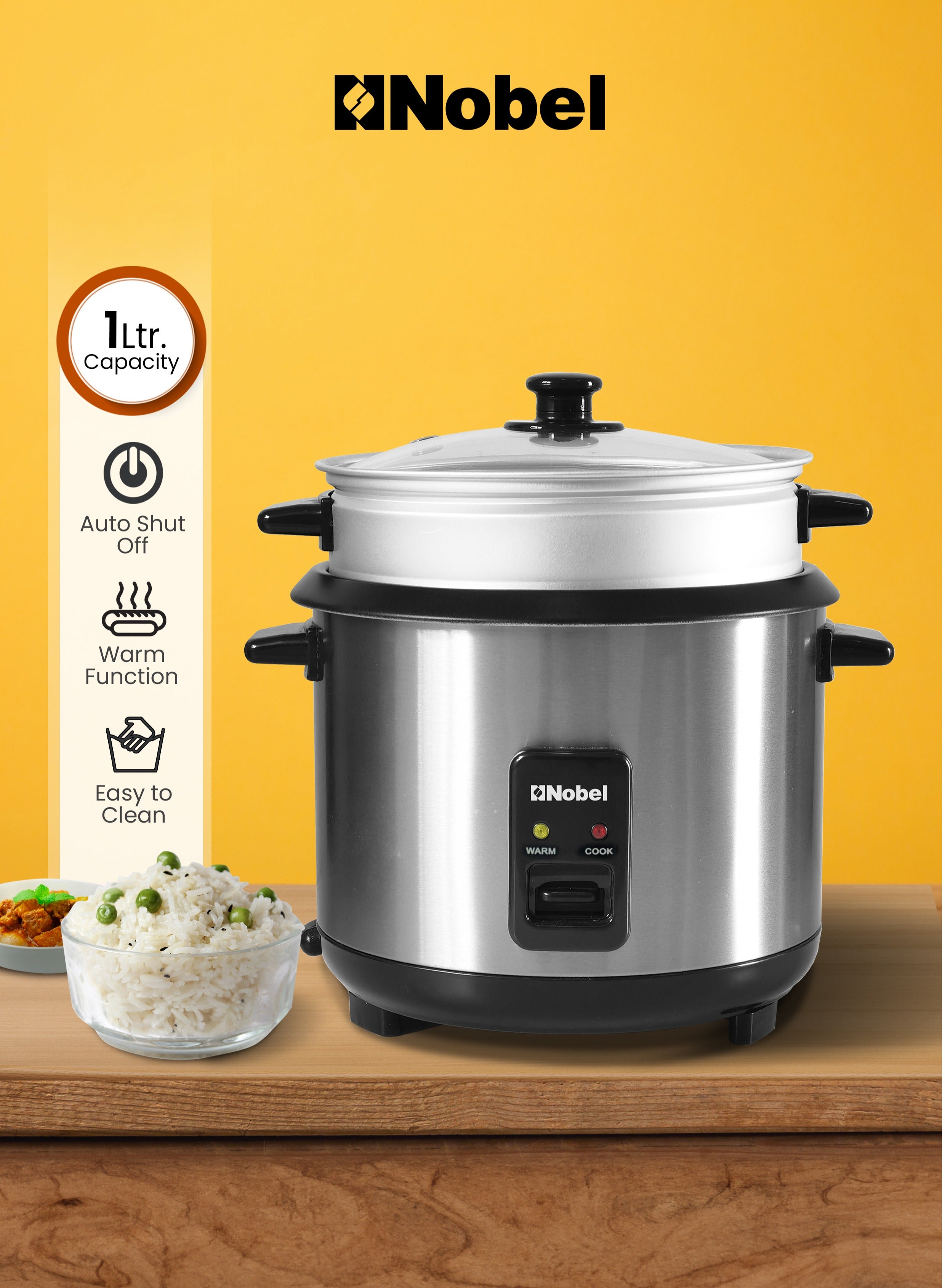 1.0L Rice Cooker with Glass Lid, Auto Shut Off, Non-Stick Inner Pot, Cool Touch Handle, and Brushed Stainless Steel Housing – 400W with Cooking, Steaming, and Keep Warm Functions 6 L 1900 W NRC100 white 