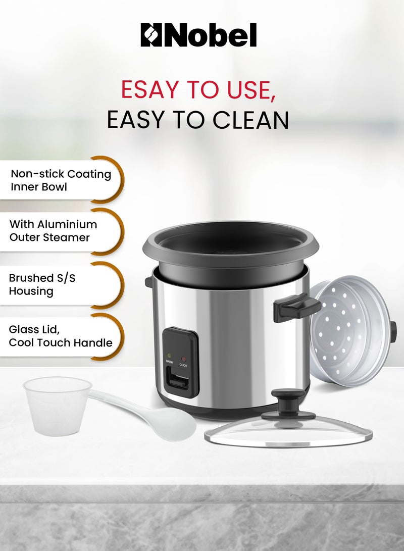 Nobel - 1.0L Rice Cooker with Glass Lid, Auto Shut Off, Non-Stick Inner Pot, Cool Touch Handle, and Brushed Stainless Steel Housing – 400W with Cooking, Steaming, and Keep Warm Functions 6 L 1900 W NRC100 white - Image 1