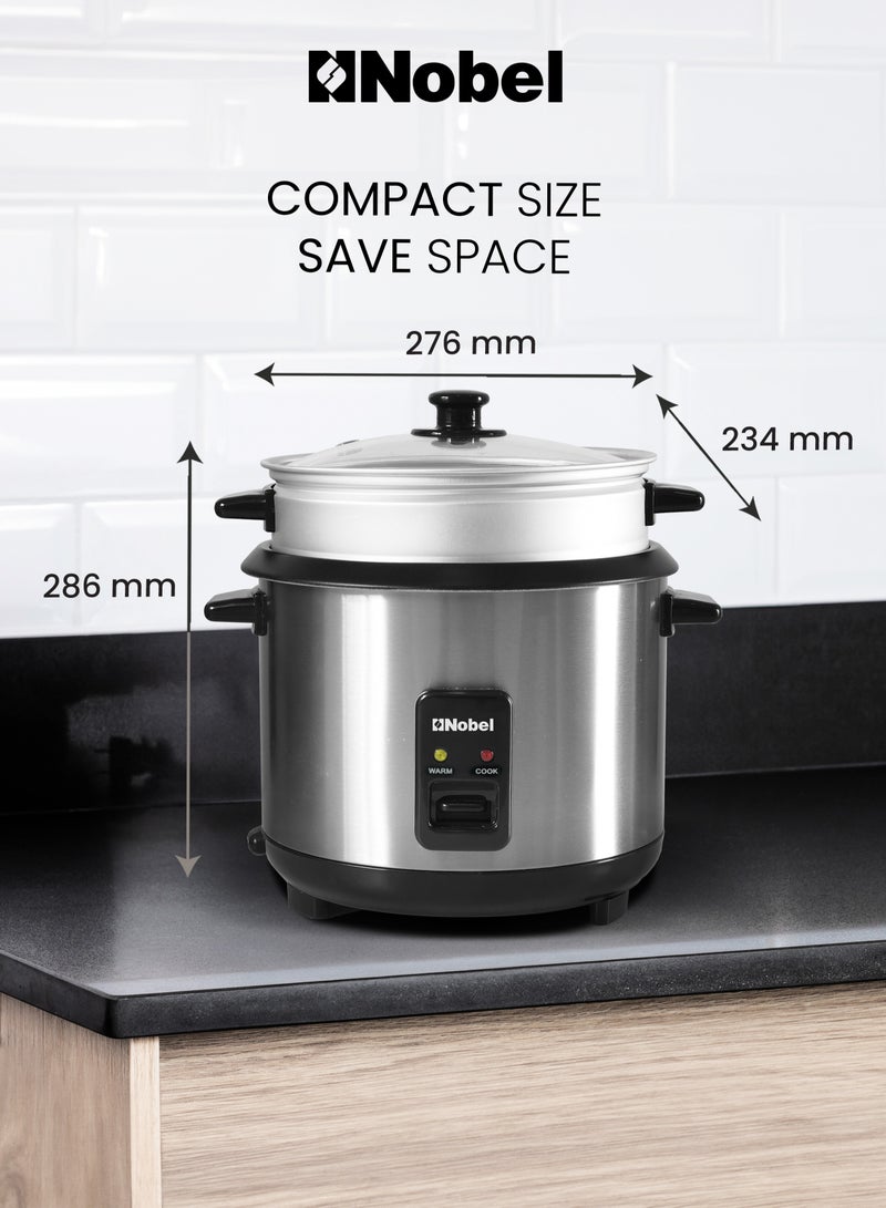 Nobel - 1.0L Rice Cooker with Glass Lid, Auto Shut Off, Non-Stick Inner Pot, Cool Touch Handle, and Brushed Stainless Steel Housing – 400W with Cooking, Steaming, and Keep Warm Functions 6 L 1900 W NRC100 white - Image 1