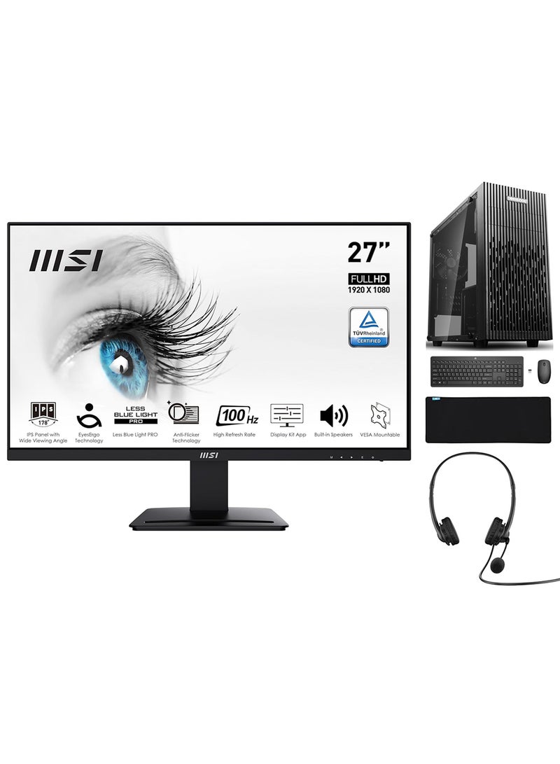 MSI - Trading Monitor Bundle - 27 inch PRO MP273A FHD Office Monitor  IPS, 100 Hz, Eye-Friendly Screen, VESA Mountable+ NANOTECH Office Desktop PC + Intel Core i5-14400, DDR5 32GB Ram, 2TB NVMe M.2 SSD, GT730 4GB Graphics Card, Air Cooler, Windows 11 Pro, Wi-Fi + HP Wireless Keyboard & Mouse + HP USB Headset + Mousepad Black - Image 1