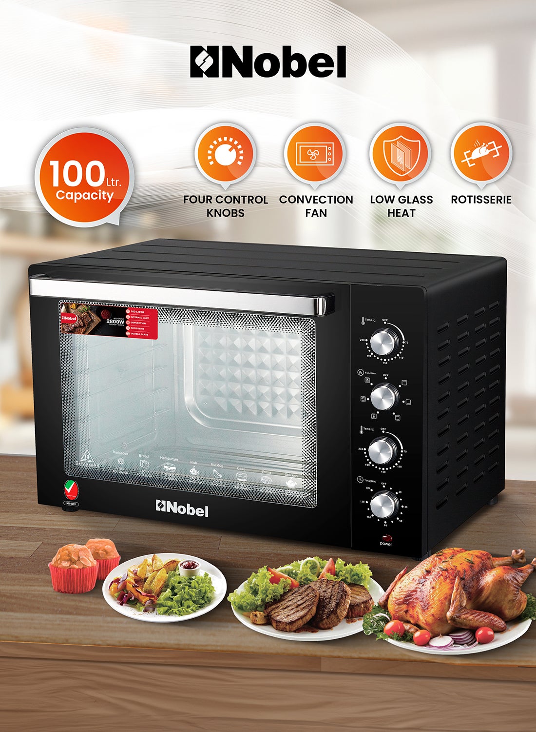 نوبل 100L Oven with Adjustable Temperature Control (70-250°C), 120-Minute Timer, Double Glass Door 100 L 2800 W NEO105PRO Black 