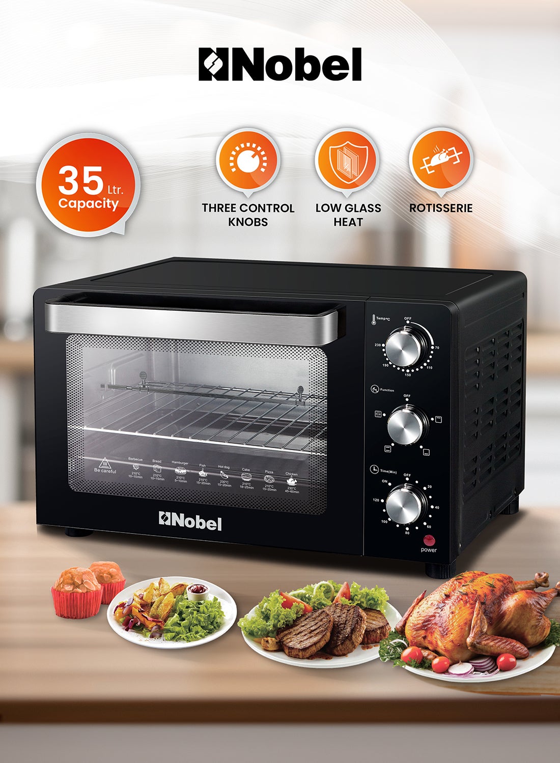 Nobel 35L Oven with Adjustable Temperature Control (70-250°C), 120-Minute Timer, Double Glass Door, And Power 35 L 1500 W NEO40PRO Black 