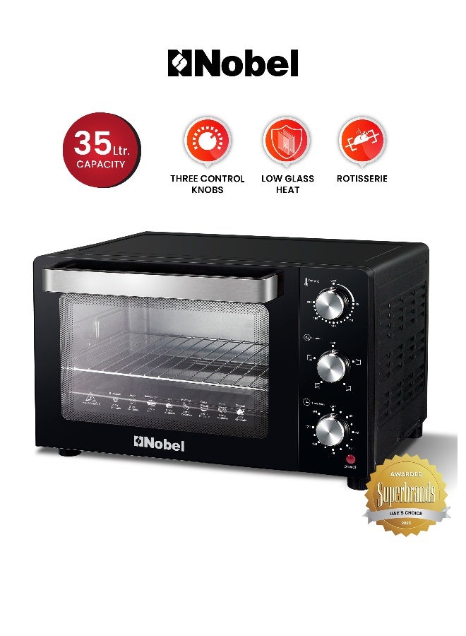 نوبل فرن 35 لتر مع تحكم في درجة الحرارة القابلة للتعديل (70-250 درجة مئوية)، مؤقت لمدة 120 دقيقة، باب زجاجي مزدوج، وقوة - Image 1