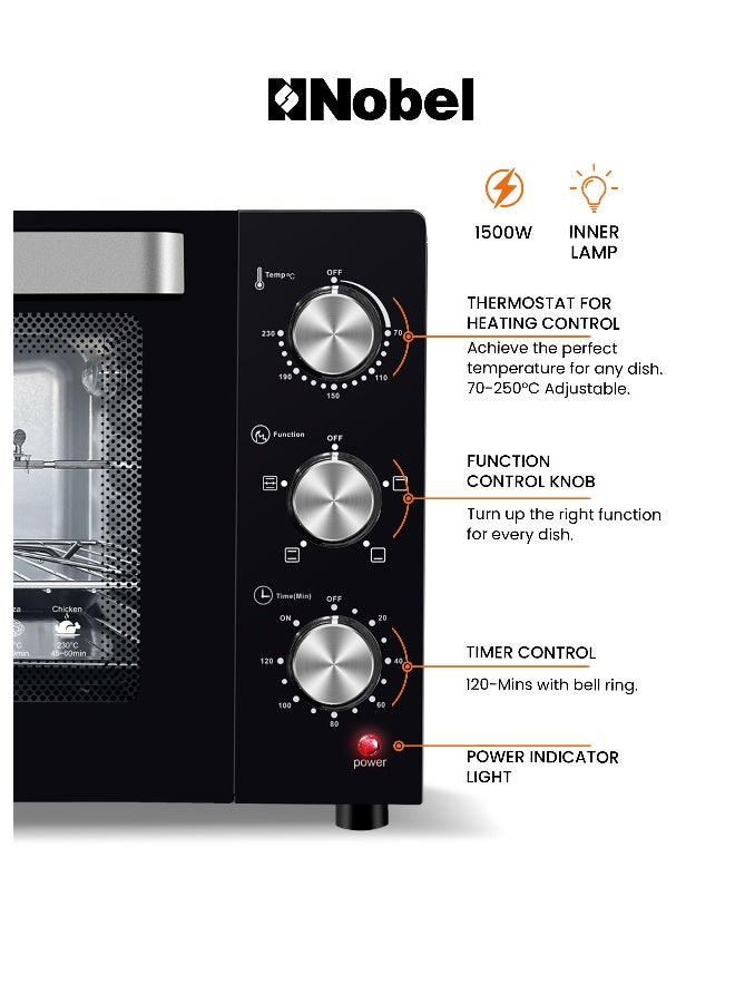 نوبل فرن 35 لتر مع تحكم في درجة الحرارة القابلة للتعديل (70-250 درجة مئوية)، مؤقت لمدة 120 دقيقة، باب زجاجي مزدوج، وقوة - Image 4