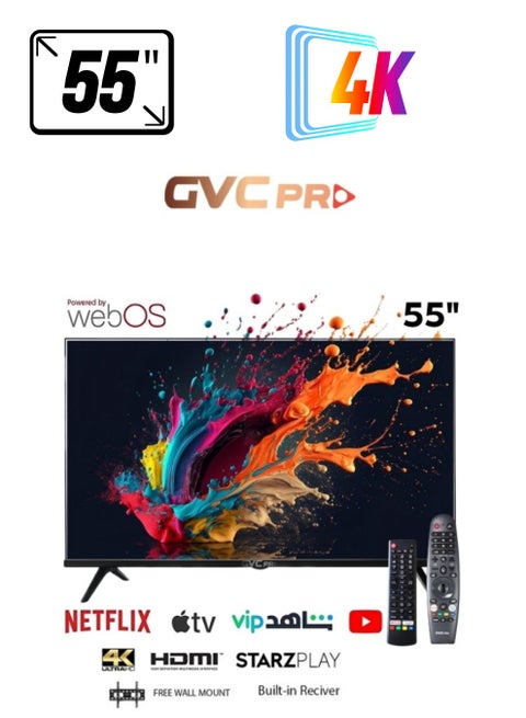 55 Inch WebOs Smart TV with Free wall Mount and Smart Remote + Magic Remote Control, 4K FHD Screen Resolution, HDMI & USB Port, Wi-Fi Connectivity and Built in Receiver, Netflix, YouTube, Shahid and more Supporting Applications - GVC-55WS7200 Black