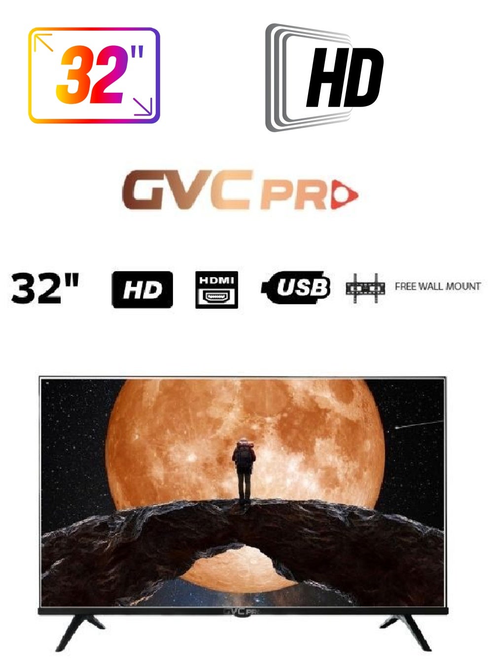 gvc pro 32 Inch Standard TV, FHD, 1080p Screen Resolution, With Free Wall Mount & Remote Control, HDMI & USB Ports along with AV & Headphone Jack - GVC-32TAF5300 Black 