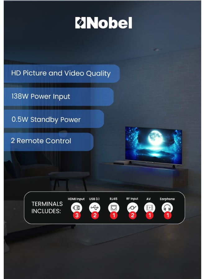 Nobel 65 Inch UHD Smart TV | 4K Ultra HD | Netflix, YouTube & Prime Video Certified | VIDAA OS | Voice Control & Bluetooth | Dual Remote Controls UHD65VIDS Black