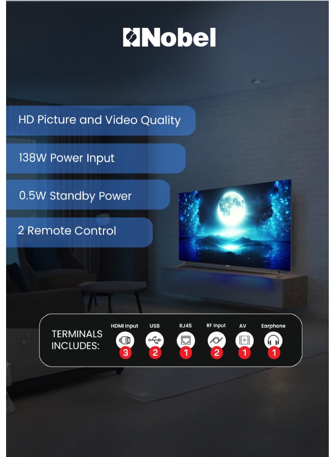 Nobel 75 Inch UHD Smart TV | 4K Ultra HD | Netflix, YouTube & Prime Video Certified | VIDAA OS | Voice Control & Bluetooth | Dual Remote Controls UHD75VIDS Black