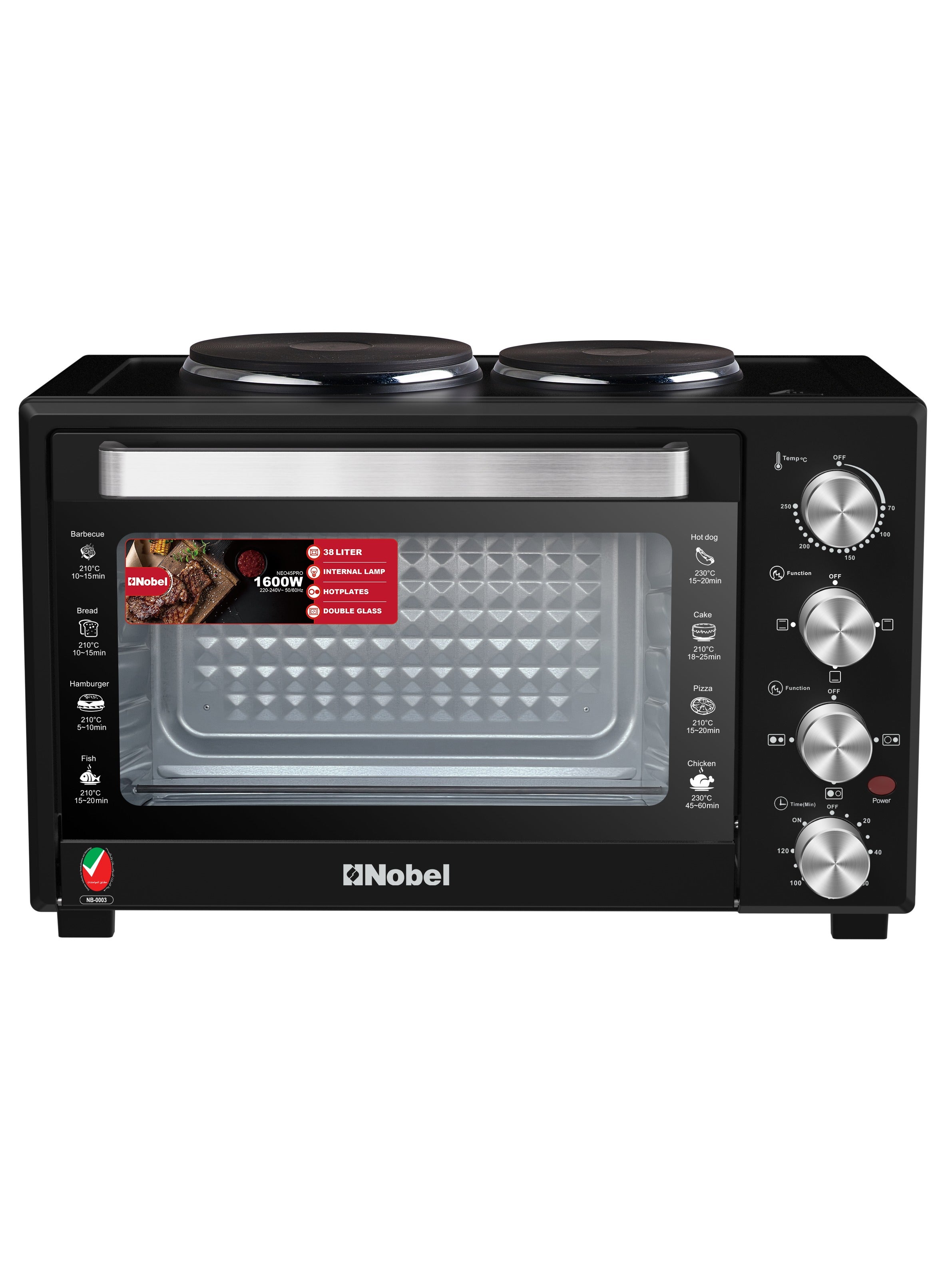 38L Oven with 2 Hotplates, Adjustable Temperature Control (70-250°C), 120-Minute Timer, Double Glass Door 38 L 1600 W NEO45PRO Black 