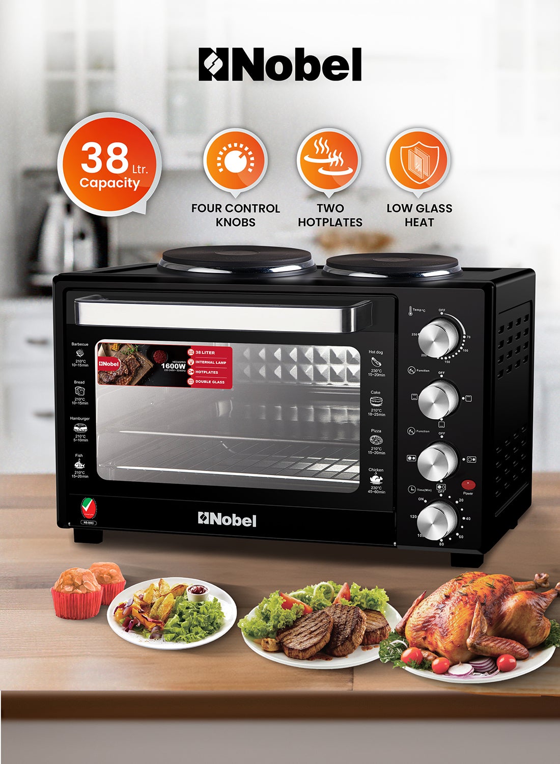 نوبل 38L Oven with 2 Hotplates, Adjustable Temperature Control (70-250°C), 120-Minute Timer, Double Glass Door 38 L 1600 W NEO45PRO Black 