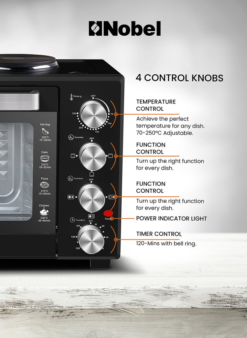 Nobel - 38L Oven with 2 Hotplates, Adjustable Temperature Control (70-250°C), 120-Minute Timer, Double Glass Door 38 L 1600 W NEO45PRO Black - Image 1