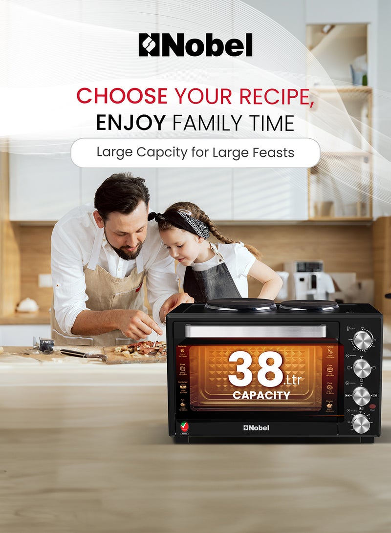 Nobel - 38L Oven with 2 Hotplates, Adjustable Temperature Control (70-250°C), 120-Minute Timer, Double Glass Door 38 L 1600 W NEO45PRO Black - Image 1
