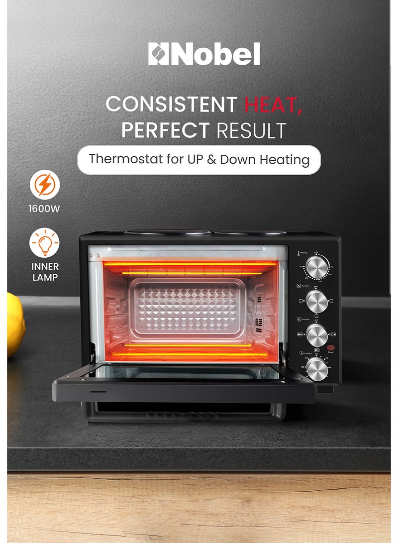 Nobel - 38L Oven with 2 Hotplates, Adjustable Temperature Control (70-250°C), 120-Minute Timer, Double Glass Door 38 L 1600 W NEO45PRO Black - Image 1