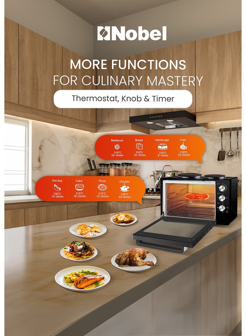 Nobel - 38L Oven with 2 Hotplates, Adjustable Temperature Control (70-250°C), 120-Minute Timer, Double Glass Door 38 L 1600 W NEO45PRO Black - Image 1
