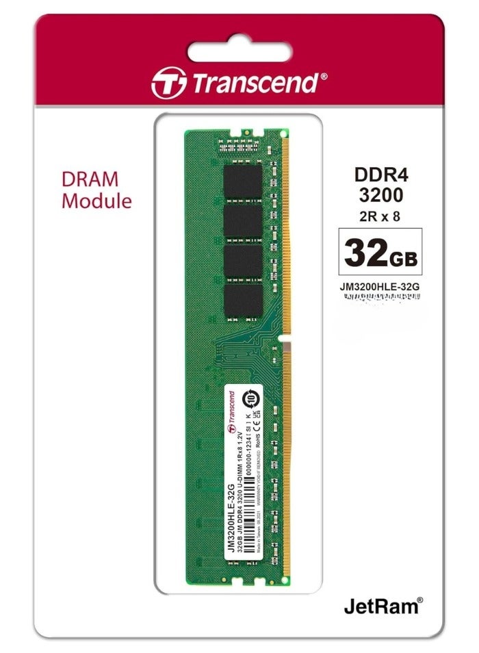 Transcend JM3200HLE-32GB Desktop Memory Ram | DDR4-3200 U-DIMM (JetRam) 5inch Green  - Image 1