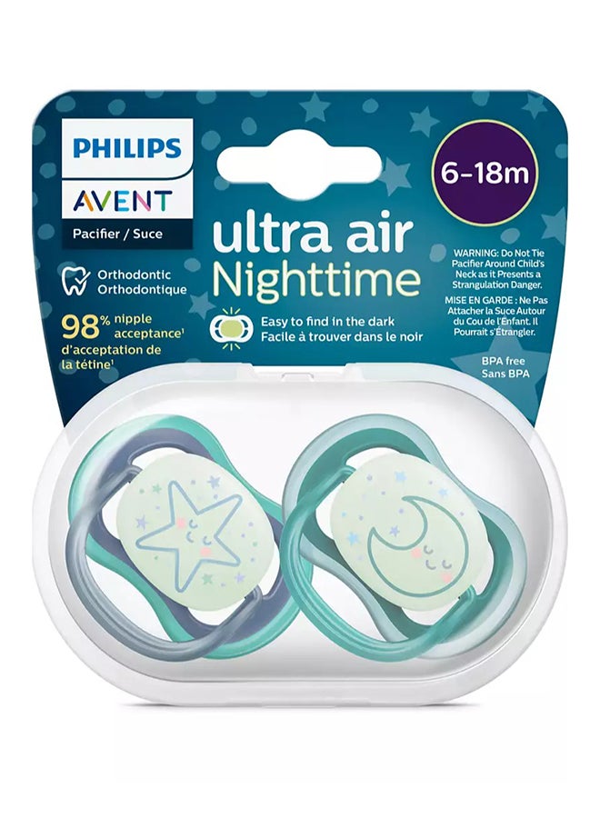Philips Avent Pack Of 2 Ultra Air Light And Breathable Glow In The Dark Baby Soothers With Steriliser Carry Case, 6 To 18 Months - Image 2
